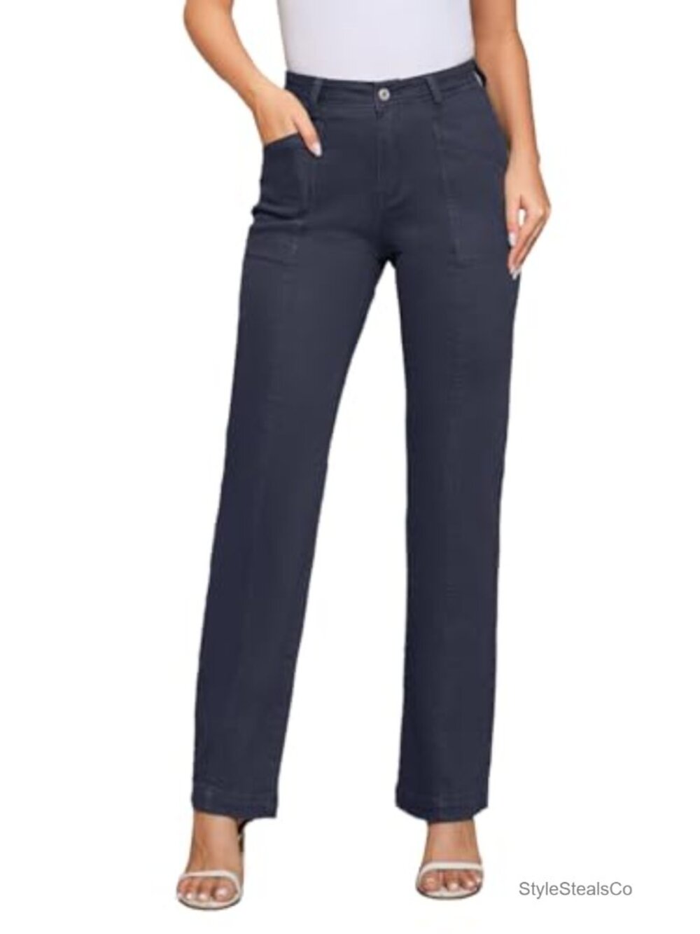Rasutina Women's Stretchy Chino Pants High Waisted Cotton Straight Leg Trousers